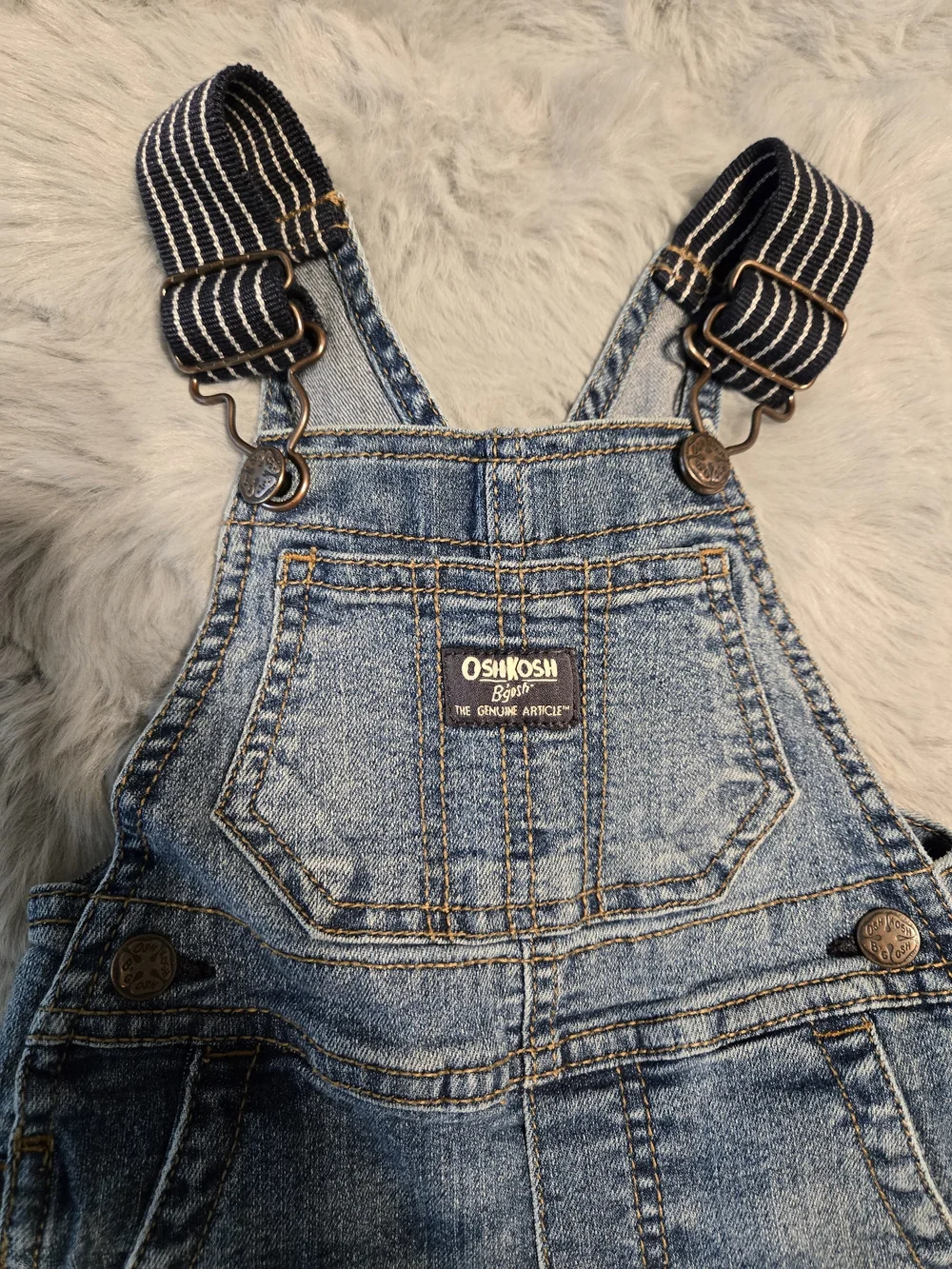 OshKosh B'gosh Striped Strap Stretch Denim Overalls 12M Snap Leg